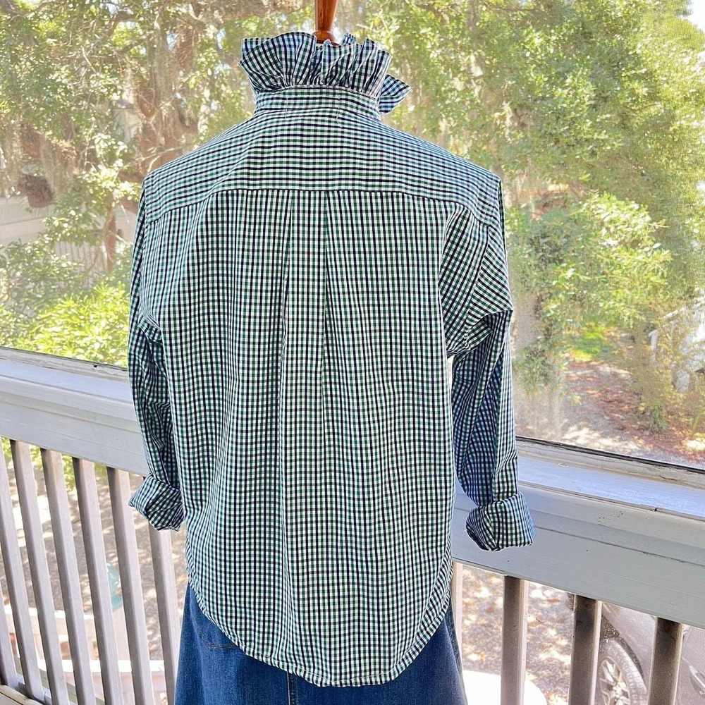 Upcycled Re-worked Brooks Bros Green Navy Micro Check Ruffle Collar Crop Shirt M - Picture 8 of 11